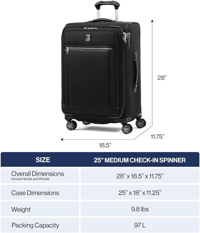 Travelpro Platinum Elite Softside Expandable Checked Luggage, 8 Wheel Spinner Suitcase, TSA Lock, Men and Women, Coastal Blue, Checked Medium 25-Inch