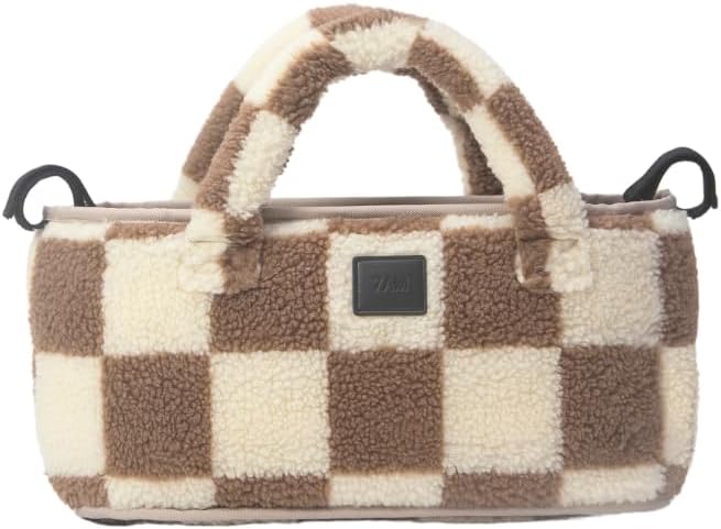 Universal Stroller Organizer Bag - Easy Grab Top Handles, Stroller Caddy with Cup Holder, 3 Open Compartments, Adjustable Stroller Straps & Zippered Wallet Pocket | (Print Checkers Tan)