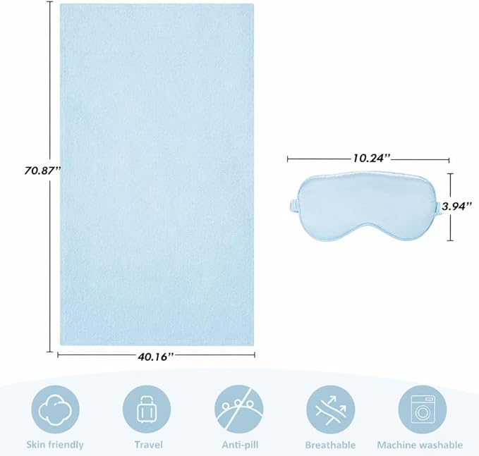 Travel Blanket, Airplane Blanket, Ultra-Soft, Warm & Lightweight, 65x40 in, Outdoor Blanket Essentials for Women, Men & Kids, Included Eye Mask, Luggage Sleeve & Backpack Clip Light Blue