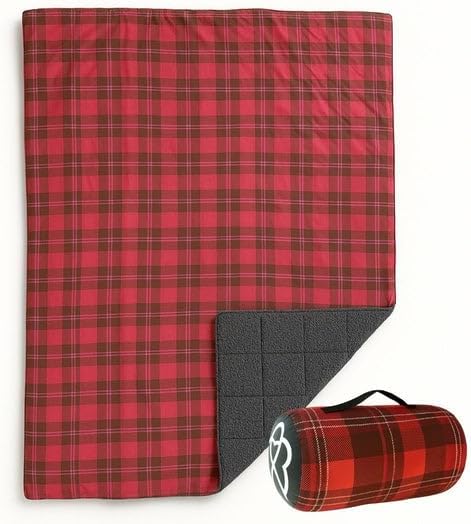ROAM Weatherproof Sherpa Fleece Blanket - Durable Recycled Ripstop Exterior, Eco Insulation, Compact Travel Design, Machine Washable, All-Season Outdoor & Indoor Blanket, 75" x 52" (Campfire Plaid)