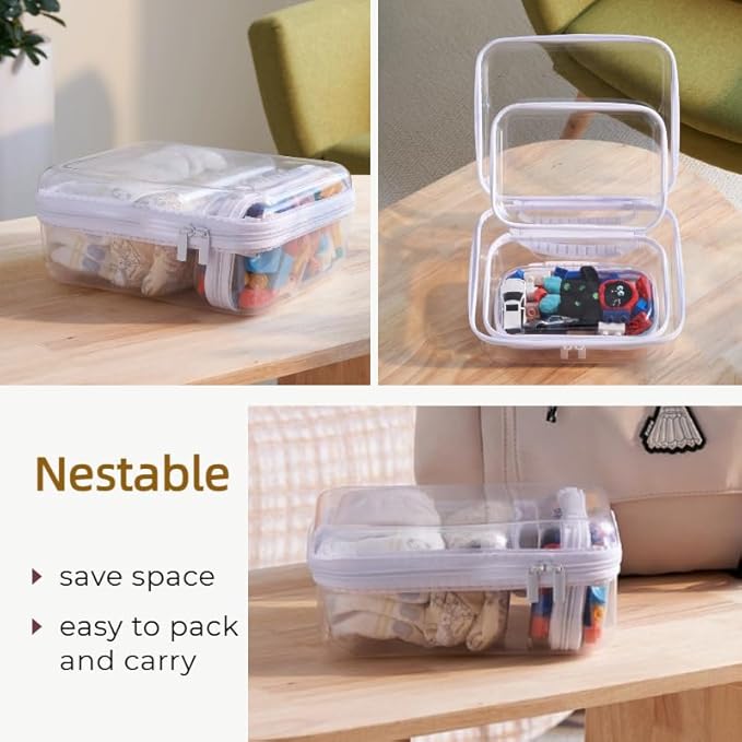 3 pcs Zipper Pouches with Handles, Clear Hard Shell Toiletry Bags, Stackable Travel Organizer, Cosmetic Bags, Transparent Diaper Bag Storage Cases (Handle-LMS)