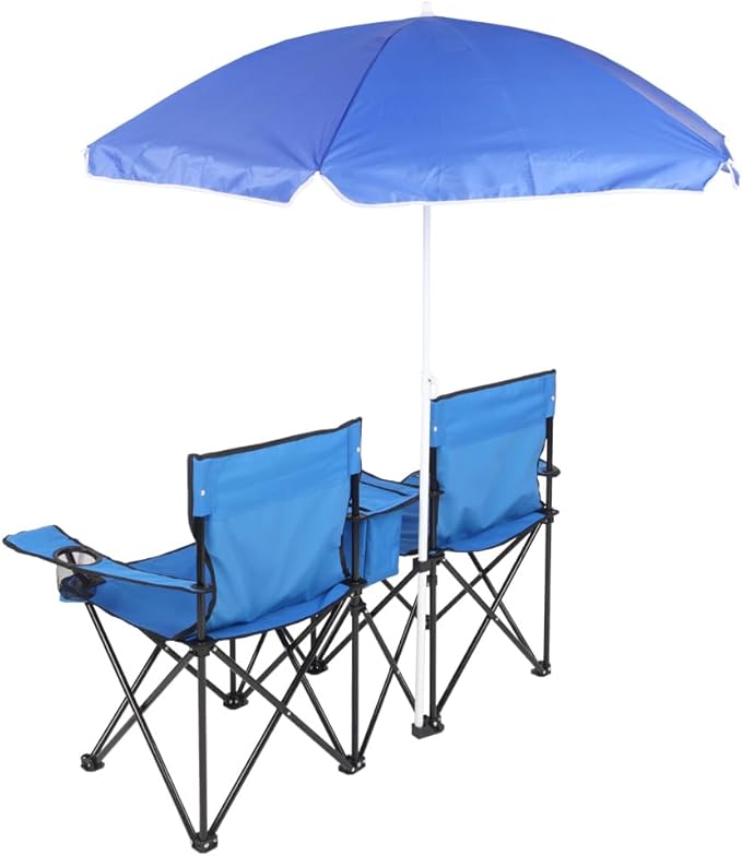 Double Folding Camping Chair W/Umbrella Fold Up Table Beverage Holder Carrying Bag Cooler for Patio Pool Park Outdoor Beach, Picnic, Portable (Blue)