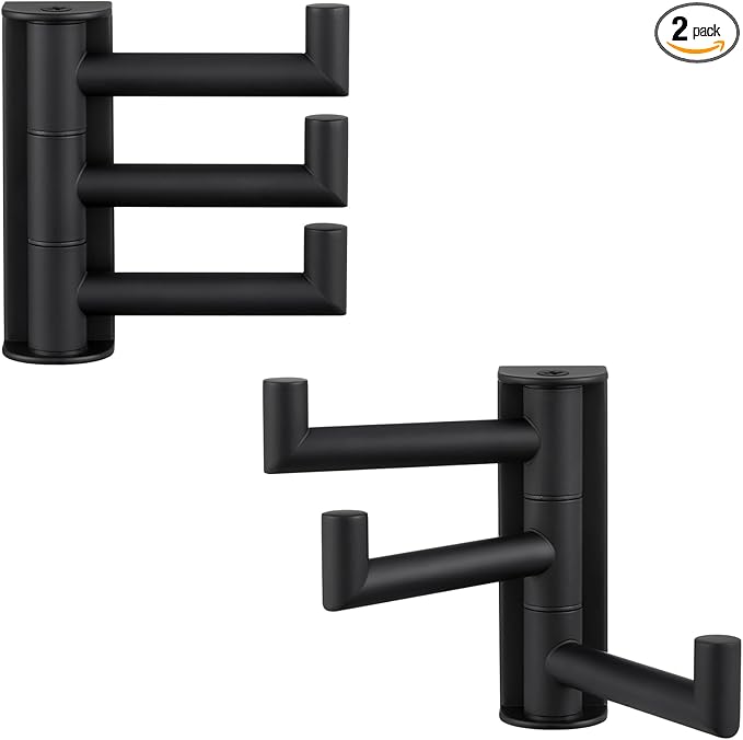 APLusee Matte Black Swivel Towel Hooks for Bathroom 2 Pack, 304 Stainless Steel Foldable Coat Hooks with Multi 3 Arms, Heavy Duty Robe Towel Holders Wall Mounted