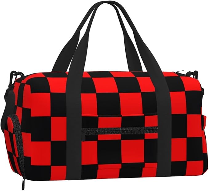 Checkered Flag Red Black Women'S Gym Duffle Bag With Shoes Compartment, Ideal For Travel, Gym, Sports, Duffel, Weekender