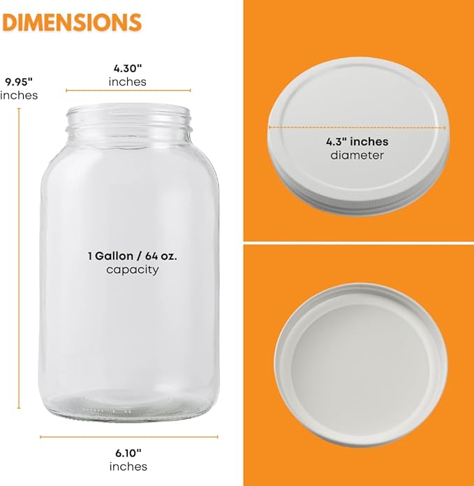 FastRack 8 pack One Gallon Wide Mouth Jar with 10 White Metal Airtight Lids | Glass Canisters with Airtight Lids | Large Mouth Glass Jar with Fermentation Lid for brewing, fermentation and pickling
