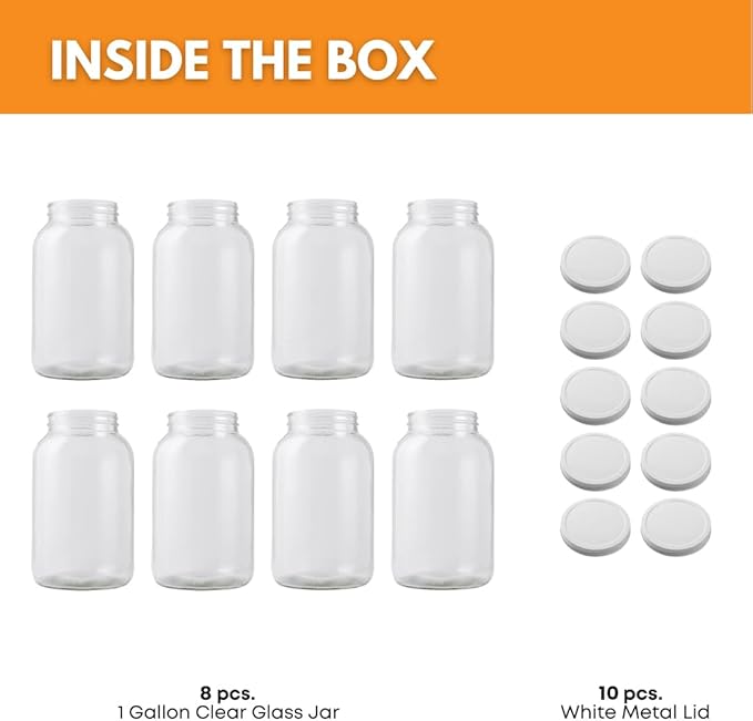 FastRack 8 pack One Gallon Wide Mouth Jar with 10 White Metal Airtight Lids | Glass Canisters with Airtight Lids | Large Mouth Glass Jar with Fermentation Lid for brewing, fermentation and pickling