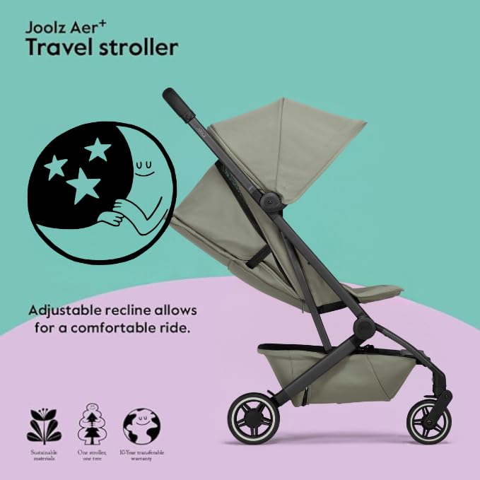 Joolz AER+ Lightweight & Compact Travel Stroller - Portable One-Hand Fold Design - Ergonomic Seat for Infant & Toddler (up to 50 lb) - XXL Sun Hood - Stroller for Airplane -Travel Pouch- Sage Green
