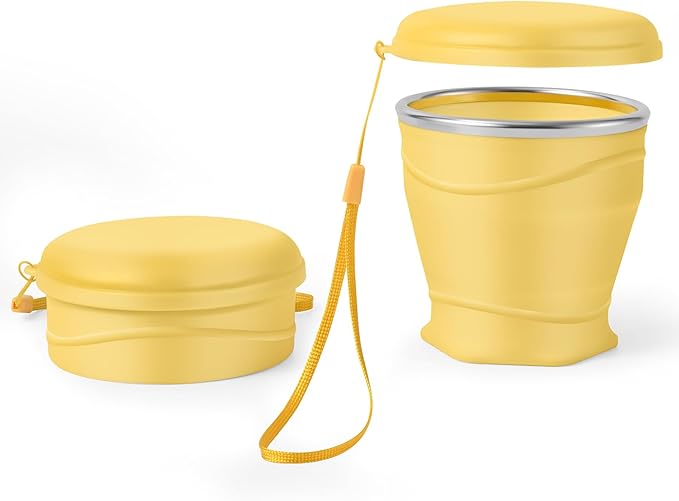8.8oz/260ml Collapsible Silicone Cup with Lid,BPA-Free,304 Stainless Steel Rim,Portable Cup for Travel,Camping, Hiking,Outdoor Sports (Yellow)