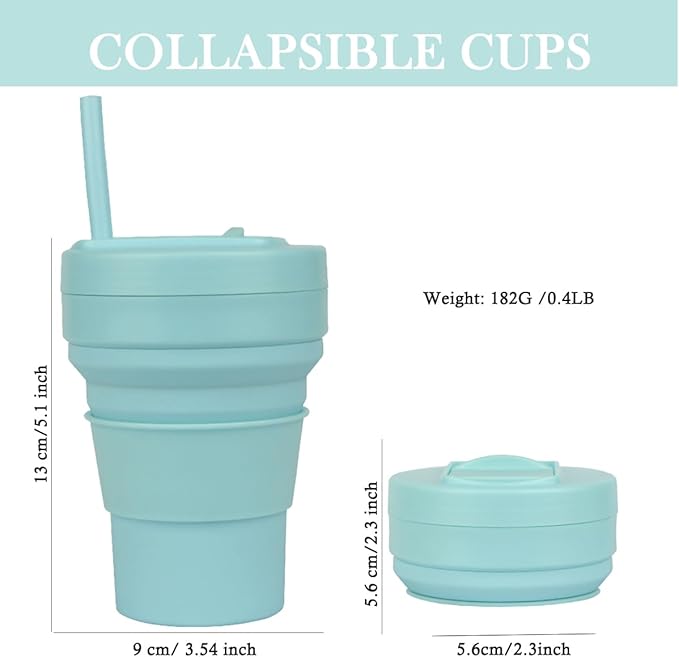 Collapsible Travel Cups- Food Grade Silicone Coffee Cups with Straw Lid 350ml 12oz Lightweight