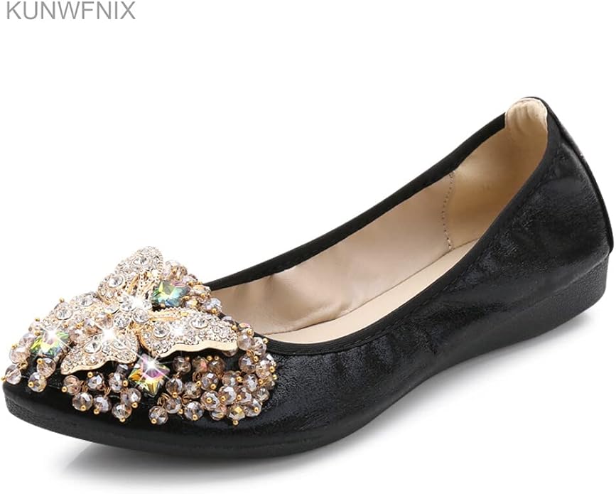 KUNWFNIX Women Ballet Flats Rhinestone Wedding Ballerina Shoes Foldable Sparkly Comfort Slip on Flat Shoes