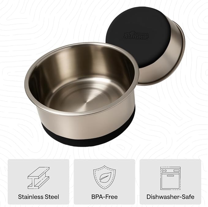 GORILLA GRIP Dog Bowls, Heavy Duty 304 Stainless Steel, Holds 4 Cups Each (32 fl oz) Food and Water Bowl for Feeding Dogs and Cats, Dishwasher Safe, Rust Resistant, BPA Free Rubber Base Set of 2 Black
