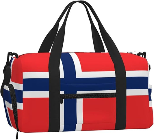 Norwegian flag Print Gym Bag with Shoe Compartment for Women Men, 17.7in Sports Duffle Weekender Tote, Overnight Travel Duffel Bag Carry On