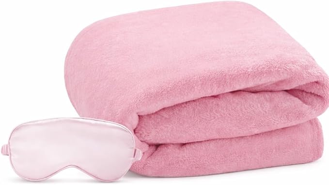 Travel Blanket, Airplane Blanket, Ultra-Soft, Warm & Lightweight, 65x40 in, Outdoor Blanket Essentials for Women, Men & Kids, Included Eye Mask, Luggage Sleeve & Backpack Clip Pink