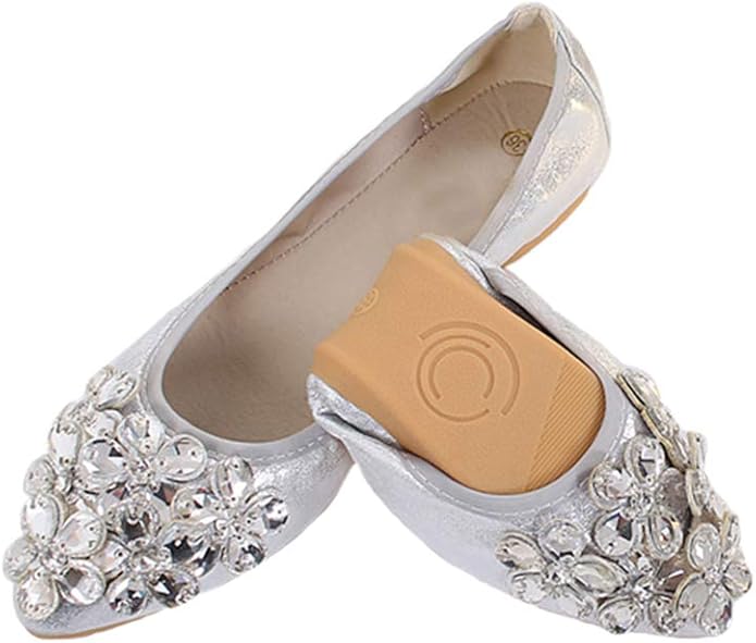 Lauthen.S Women Foldable Ballet Flats, Pointed Toe Wedding Rhinestone Slip on Flat Shoes