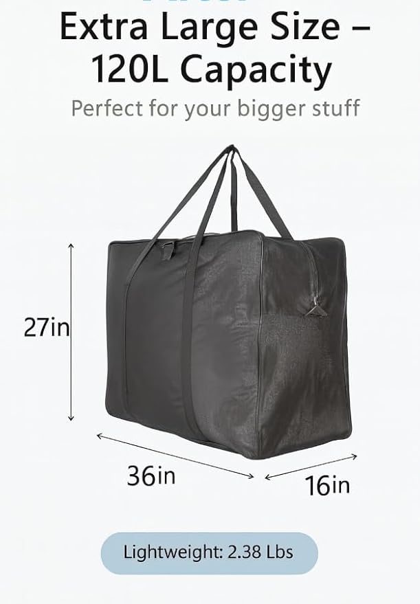 Extra Large Foldable Duffel Bag for Travel – Heavy-Duty Cargo Bag with Zippers & Reinforced Handles, TSA Approved, Water-Resistant, Security strap 36x27x16inch, load up to 120 lb