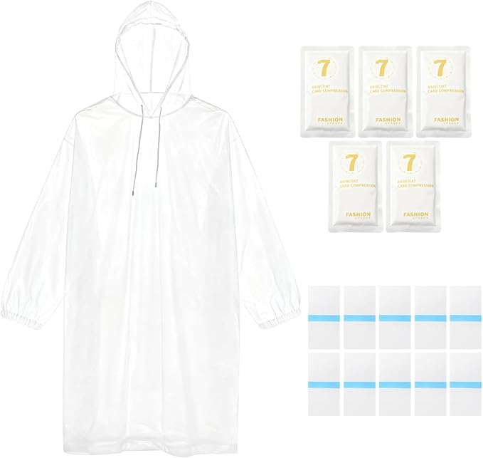 Disposable Rain Ponchos for Adults, 5Pcs Card-Sized Emergency Ponchos with Hood Clear Ponchos Family Pack for Travel, Waterproof PE Raincoats with 10Pcs Shoe Toe Sticker for Women, Men, Kids