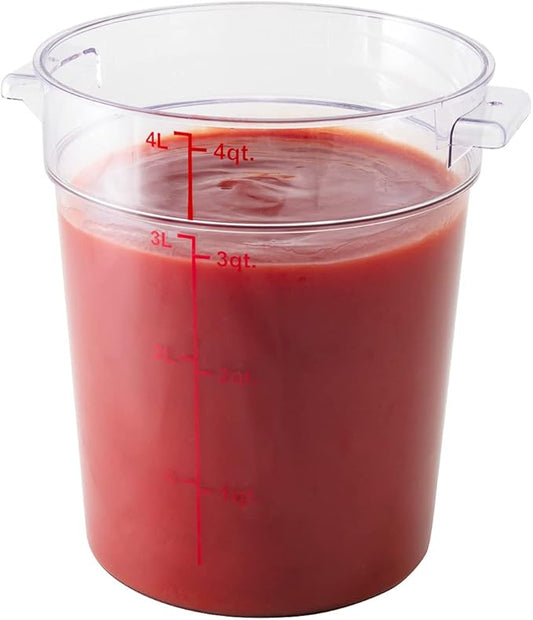 Met Lux 4 Quart Food Storage Container, 1 Round Commercial Storage Container - Lid Sold Separately, With Volume Markers, Clear Plastic Food Prep Bucket, Space-Saving Storage