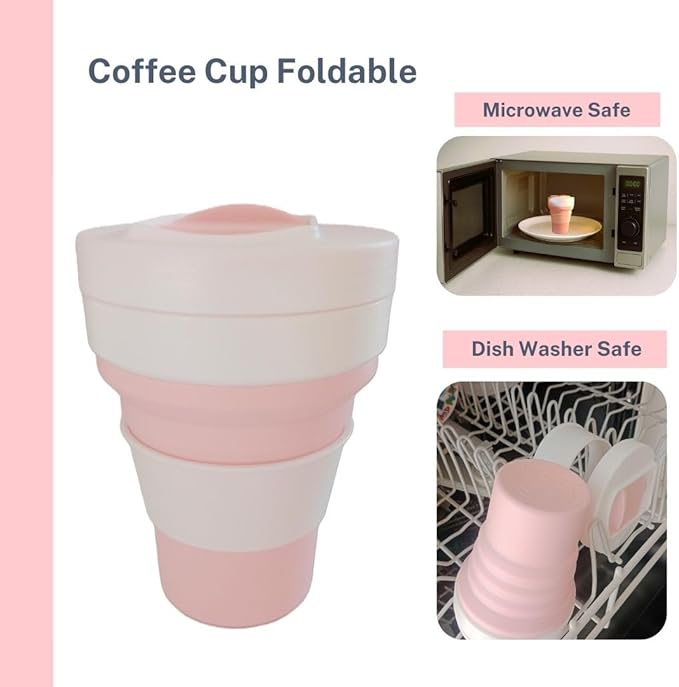 Collapsible Silicone Cup 12 oz – BPA Free Reusable Travel Cup with Lid & Straw – Foldable Pocket Size for Hot & Cold Drinks – Camping, Hiking, Office, Outdoor (Pink & White)