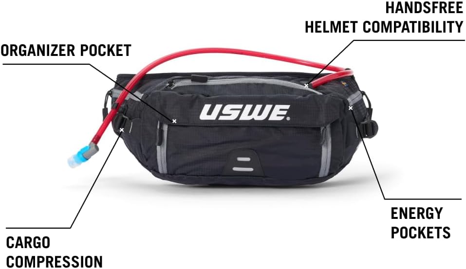 USWE Zulo Hydration Hip Pack - with Organizer and Side Pockets, Bounce Free Hip Belt (6L, Black)