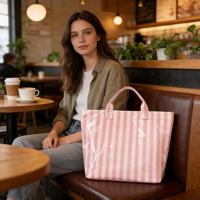 JQWYGB Striped PVC Tote Bag Large Glossy Striped Handbags Waterproof Top Handle Bag Plastic Tote Handbag Beach Travel Work