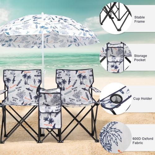 Camping Chairs, Folding Double Chair with Removable Umbrella, Cup Holders, Cooler Bag, Side Pocket & Carry Bag, for Beach, Outdoor, Sports, Concerts, Travel, Picnic