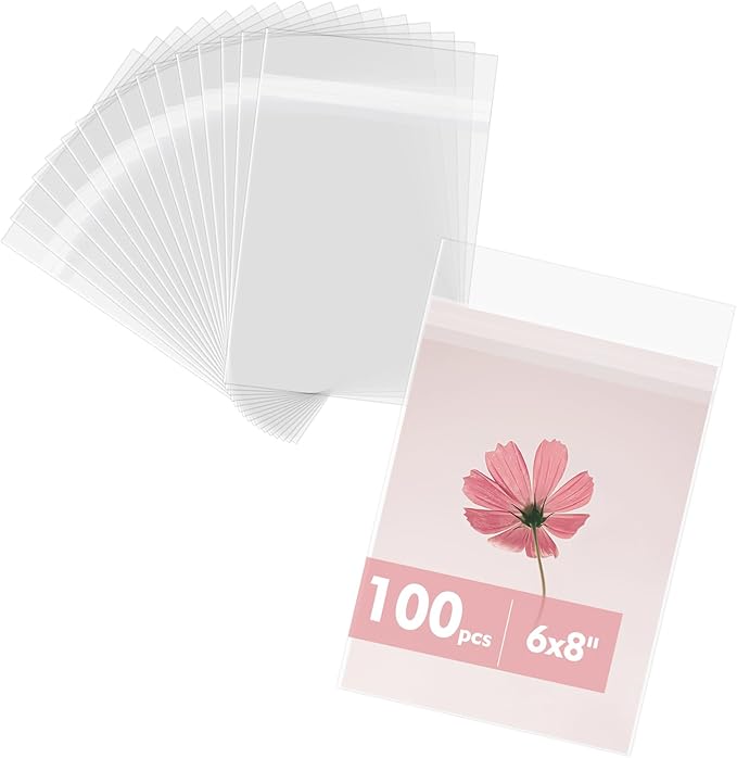 Mat Board Center 6x8 Inches Crystal Clear Sleeves Storage Bags, 100 Pack Self Sealing Cellophane Bags for 6x8 Prints, Photos, Cards