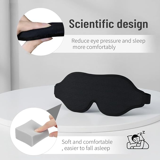 3D Cooling Sleep Mask, 100% Blackout Eye Mask for Side & Light Sleepers, Zero-Pressure Adjustable Blindfold for Travel, Naps & Shift Work (Black)