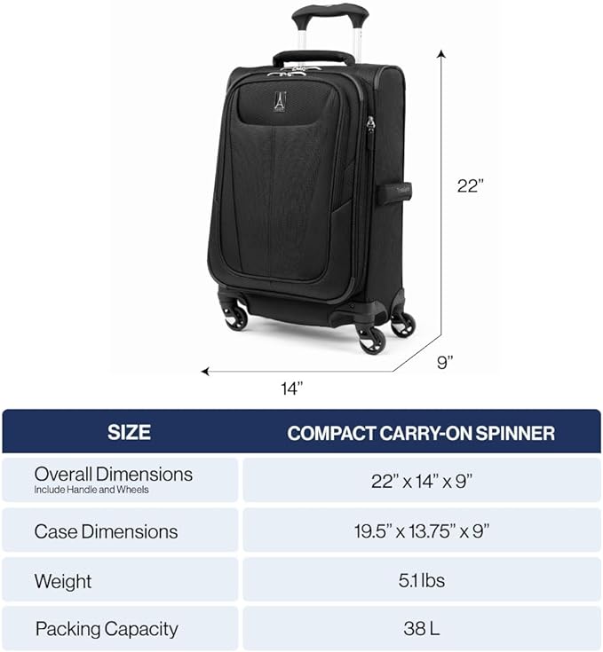 Travelpro Maxlite 5 Softside Expandable Luggage with 4 Spinner Wheels, Lightweight Suitcase, Men and Women, Ensign Blue, Compact Carry-on 20-Inch