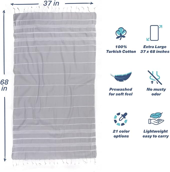 Hencely Turkish Beach Towel 37x68 Oversized, Sand-Free, Quick-Dry, Lightweight - Travel Essential for Pool & Bath - Striped 100% Cotton Bathroom Towels Accessories Gift (Silver)