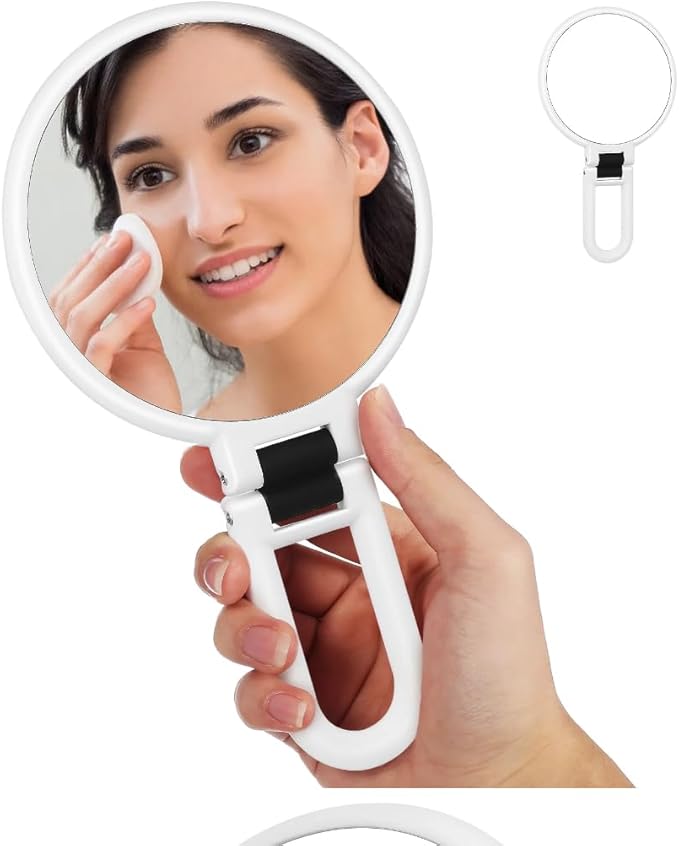 1X 5X Handheld Mirror with Handle for Travel， Magnifying Mirror, Magnification, Rotation Adjustable Handle, Double Sided Folding, Mirror for Women for Eyes Makeup Travel Shaving (White)