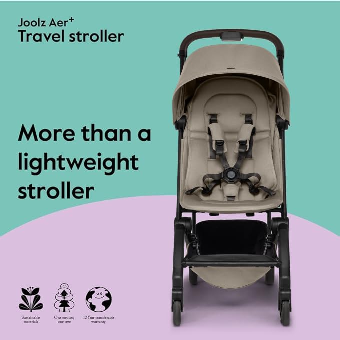 Joolz AER+ Lightweight & Compact Travel Stroller - Portable One-Hand Fold Design - Ergonomic Seat for Infant & Toddler (up to 50 lb) - XXL Sun Hood - Stroller for Airplane -Travel Pouch - Sandy Taupe