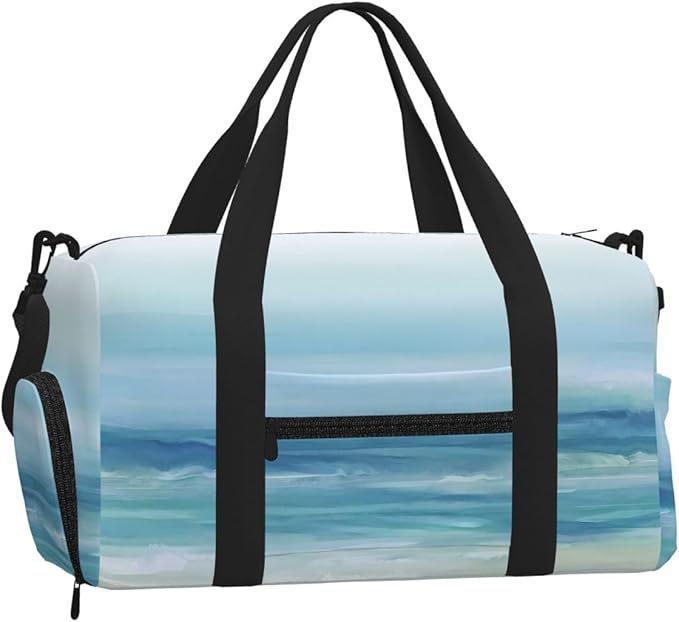 Sea Blue Watercolor Ocean Waves Coastal Beach Women'S Gym Duffle Bag With Shoes Compartment, Ideal For Travel, Gym, Sports, Duffel, Weekender