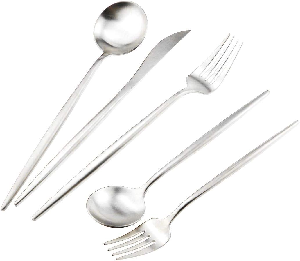 Matte Silver Silverware Set,Gugrida 5-Piece 18/10 Stainless Steel Satin Finish Flatware Set,Kitchen Utensil Set,Tableware Travel Cutlery Set for Camping Office or School Lunch, Dishwasher Safe