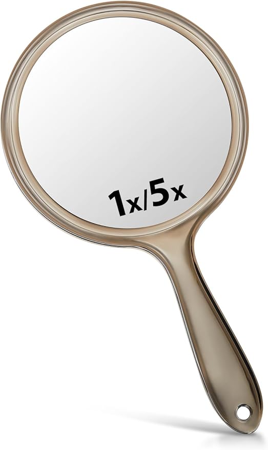 Double-Sided Handheld Mirror with 1X/5X Magnification, Perfect for Travel and Makeup, 10.5" L x 5.7" W,Transparent Black, 1PC