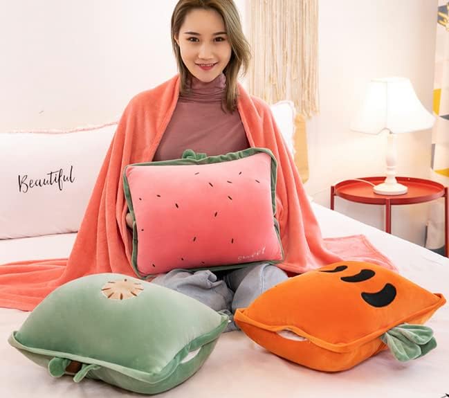 Rikyo 15" Stuffed Fruit Travel Blanket and Pillow Set,3 in 1 Plush Stuffed Hugging Pillow with Warming Hands Pillow Blanket for Kids Gift Travel Airplane Train Bed Office Nap (Cactus - Green)