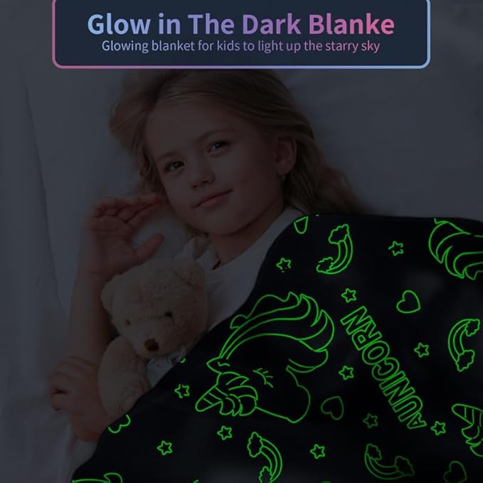Unicorn Blanket for Girls, Glow in The Dark Personalized Baby/Toddler Blanket, Soft Fleece Unicorns Gift Age 1-12, 50in x 60in