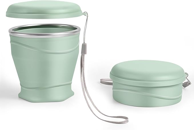 Silicone Collapsible Travel Cup with Dustproof Lid, 8.8 Oz/260ml, BPA-Free, Portable, Reusable for Camping, Picnic, Travel, Office (Light Green)