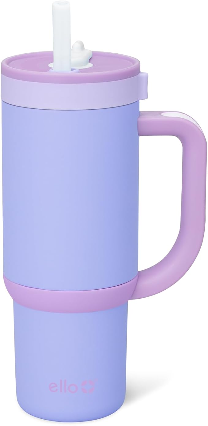 Ello Oasis 18oz Kids Tumbler with Handle & Retracting Straw, 100% Leakproof Reusable Insulated Stainless Steel Cup, Gifts for Teens Girls Boys, Keeps cold for 18 Hours, Cup Holder Friendly, Lavender