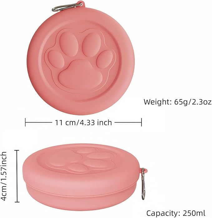 Portable Dog Food & Water Bowl for Travel - Rotating Lock Spill-Proof Pet Dish with Carabiner - BPA-Free Silicone Non Slip Bowl 250ml (Pink, Small)