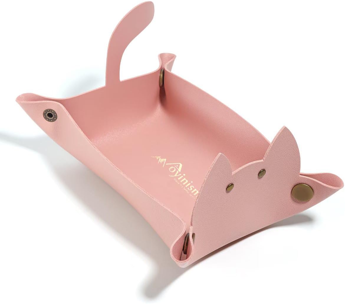 Cute Cat Shaped Leather Valet Tray,Cat Dice Tray,Premium Catchall Jewelry Tray, Folding Portable Travel Organizer,Decorative Desk Organizer for RPG Game Players, (Pink)