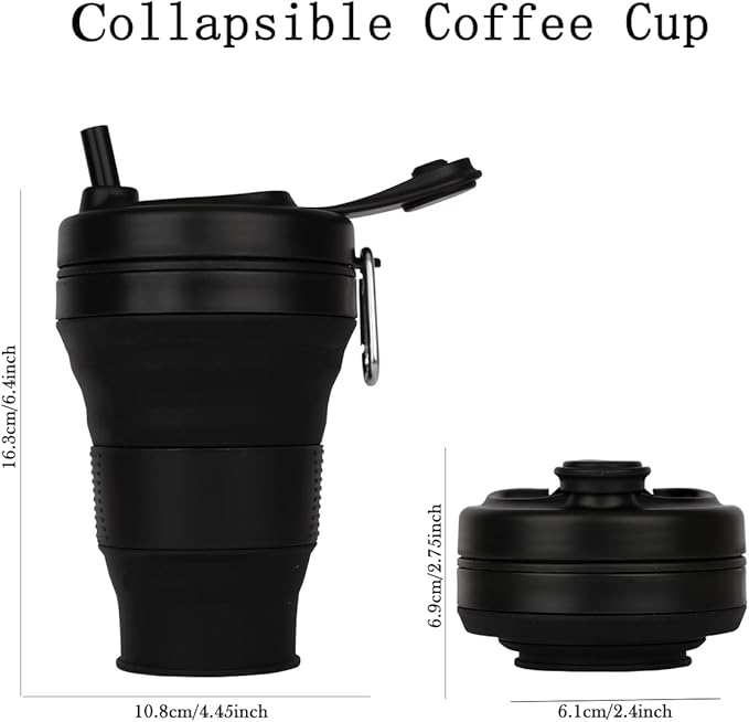 Collapsible Camping Cup with Straw Silicone Folding Coffee Cup Sport Bottle Portable Travel Outdoor Car 16oz 20oz (Black-600ml)