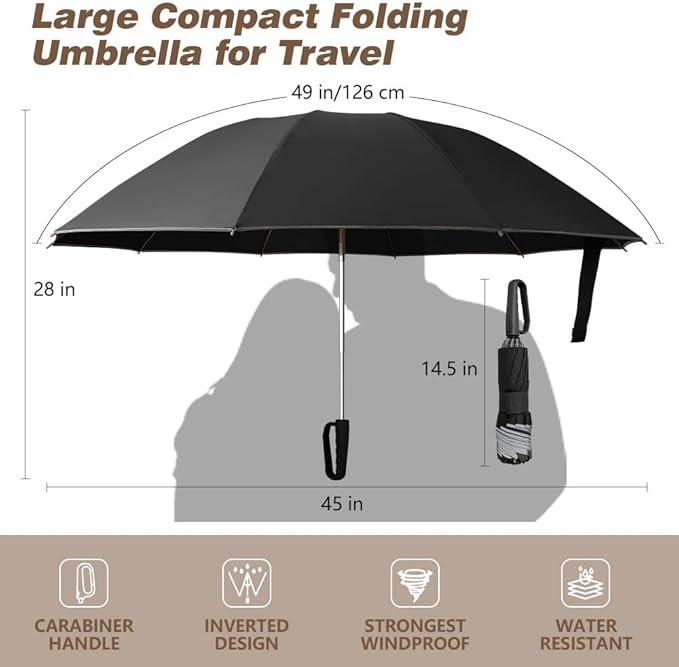 TOPSAIL 10 Ribs Inverted Umbrella with Carabiner Handle, Large Sturdy Folding Umbrellas Windproof for Rain & Sun, 49" Big Reverse Foldadble Umbrella for Travel Portable with Safe Reflective Strip, for Women Men