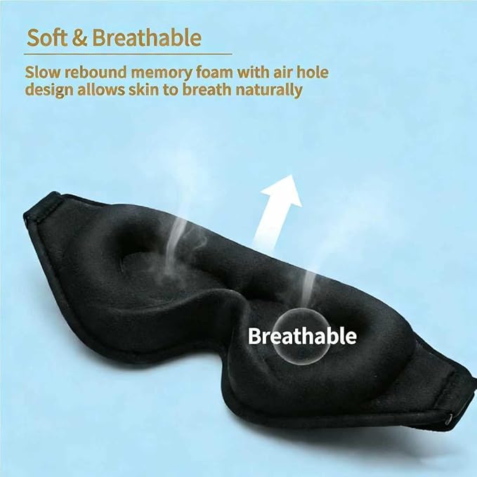 3D Sleep Mask for Side Sleepers, Memory Foam Eye Mask for Sleeping, 100% Blackout, Breathable & Lightweight, Adjustable Strap, No Pressure on Eyes, Soft Travel Sleep Mask for Men & Women Black