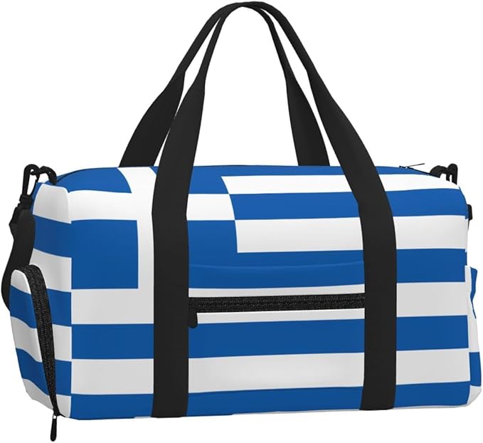 Greek flag Print Gym Bag with Shoe Compartment for Women Men, 17.7in Sports Duffle Weekender Tote, Overnight Travel Duffel Bag Carry On