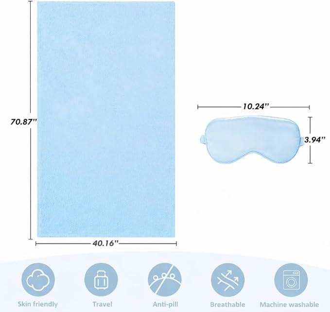 Travel Blanket, Airplane Blanket, Ultra-Soft, Warm & Lightweight, 65x40 in, Outdoor Blanket Essentials for Women, Men & Kids, Included Eye Mask, Luggage Sleeve & Backpack Clip Blue
