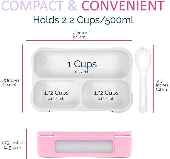Kids Glitter Snack Container - Mini Bento Lunch-Box, Small Leakproof Container Boxes for Toddlers Girls Snacks Lunches, 3 Compartment - School Daycare Portion Containers, Pink Purple Sparkle Set of 2