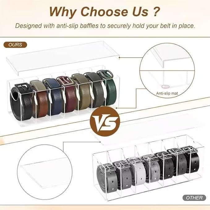 Belt Organizer, Acrylic Belt Storage Holder for Closet Drawer with 7 Compartments, Belt Holder Organizer with Dust Cover Box Holder, Clear Belts Display Case for Watch, Jewelry, Socks