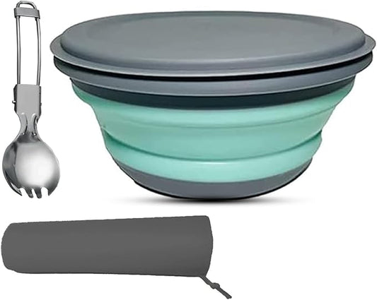 RMAMSCOV 1000ml Collapsible Camping Bowl with Lid,1 Pack Silicone Salad Bowl Serving, Microwave Foldable Soup Ramen Serving for Travel, Picnic, Rv(Blue)