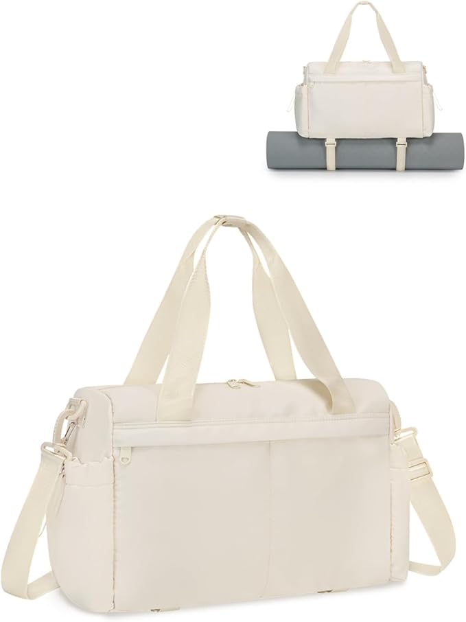 Small Gym Bag, Mini Gym Bag for Women with Yoga Mat Holder and Wet Compartment, Cute Small Yoga Mat Bag with Water Bottle Pocket for Workout Dance, Beige