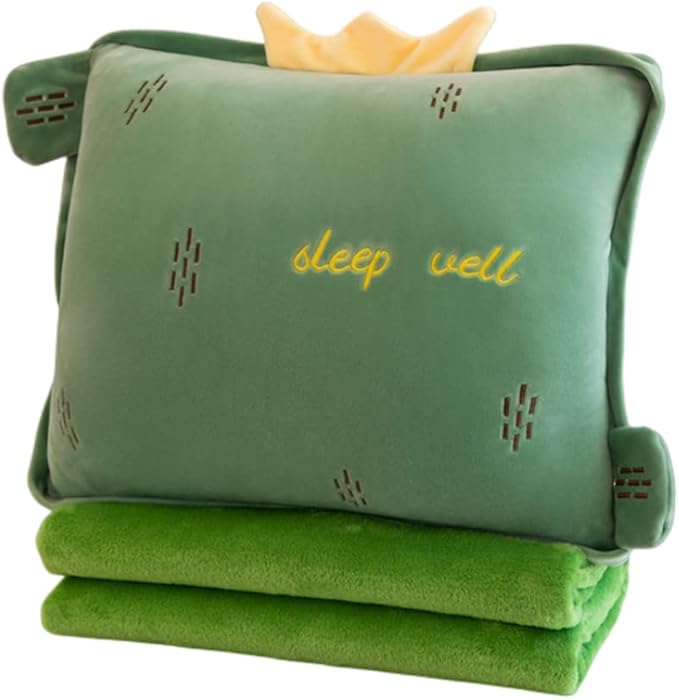 Rikyo 15" Stuffed Fruit Travel Blanket and Pillow Set,3 in 1 Plush Stuffed Hugging Pillow with Warming Hands Pillow Blanket for Kids Gift Travel Airplane Train Bed Office Nap (Cactus - Green)
